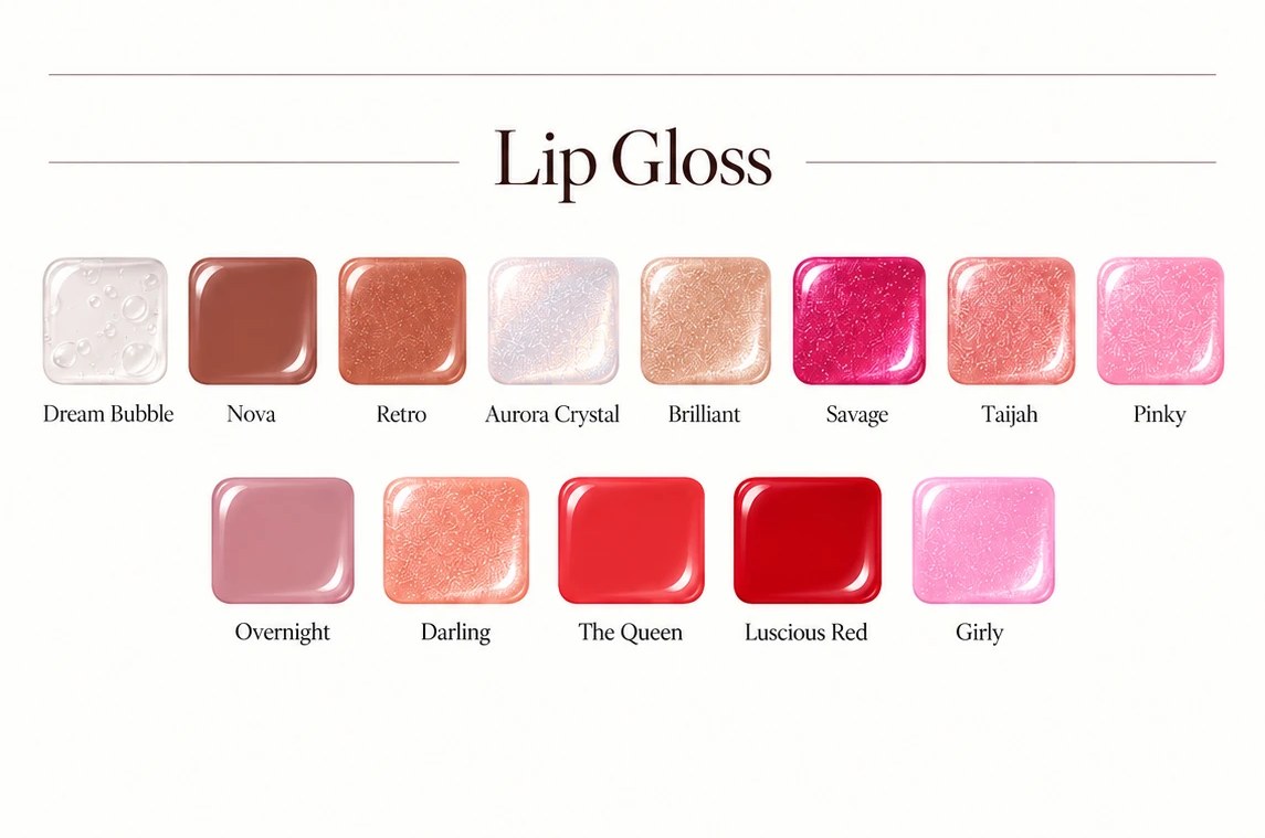 Elegant & Jazzy lip gloss shade guide with 13 colors and names