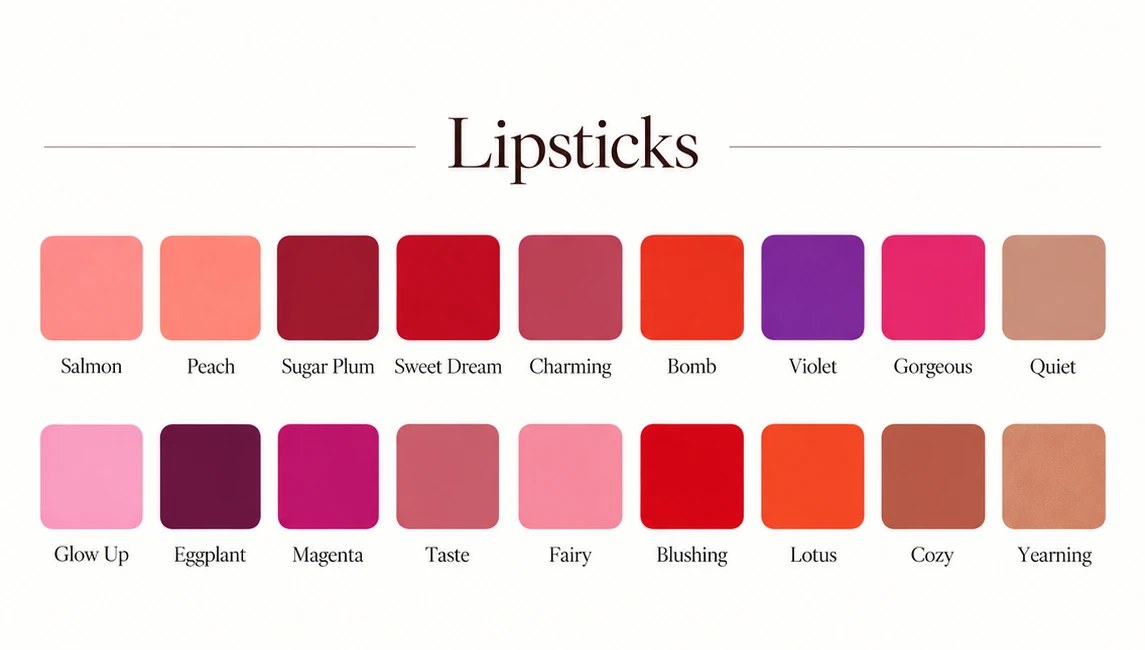 Elegant & Jazzy lipstick shade guide with 18 colors and names