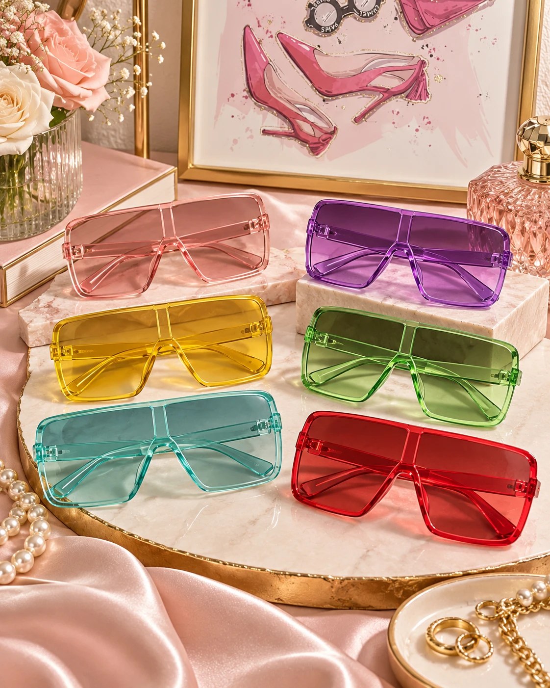 Oversized square sunglasses in pink, purple, yellow, green, teal, and red